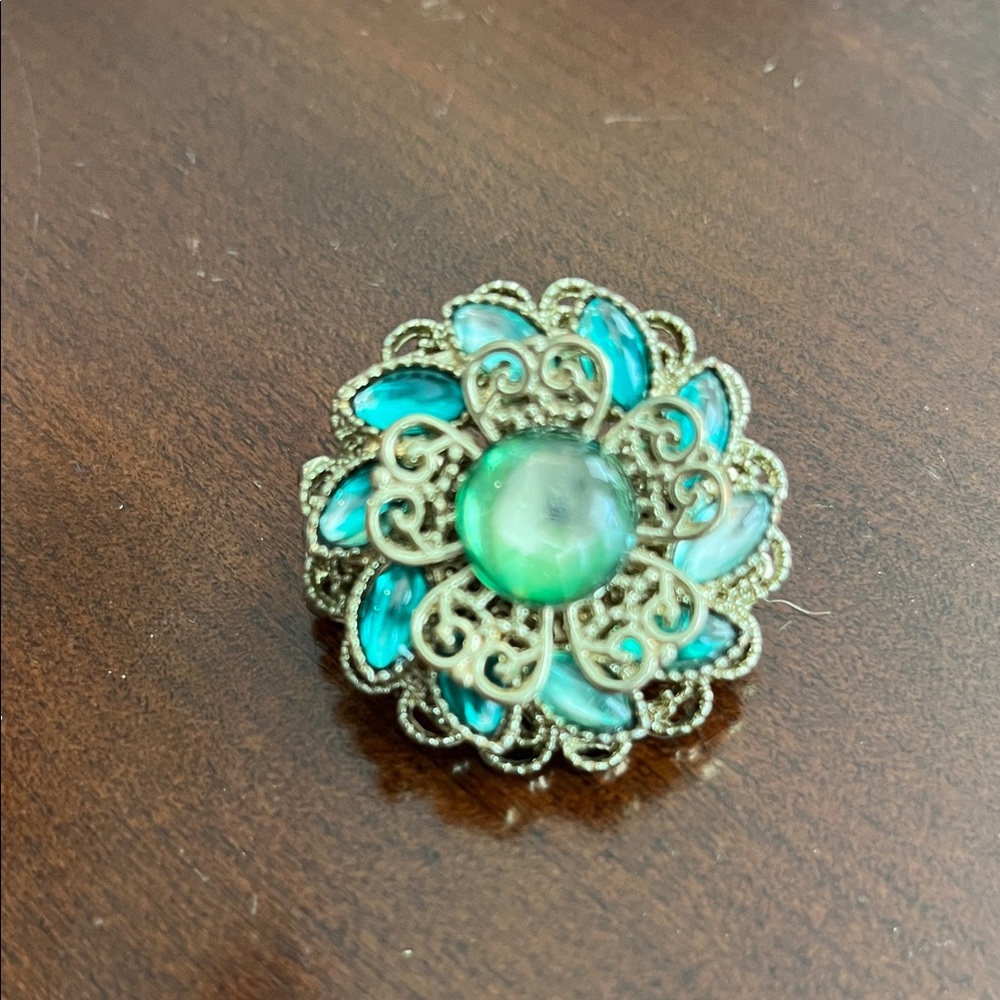 Vintage Elegant Blue and Green Floral Brooch